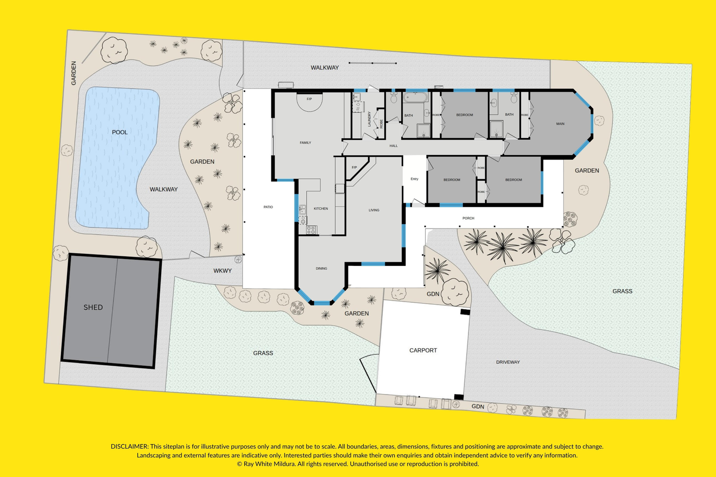 Floor and site plan showing the living areas, bedrooms, bathrooms, patio, pool, shed and carport at 1 Karinya Drive